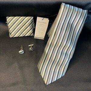 NWT-Silk Striped Black and Gray Men's Tie Set
